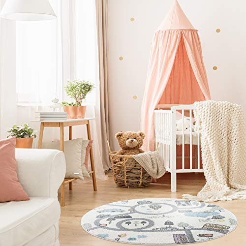 payé Teppich Rund Kinderzimmer - Pastellfarben - 120x120cm - Flachflor Spielteppich Kinderteppich im Straßendesign für Jungen und Mädchen - Oeko Tex 100 Standard