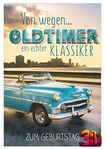 KE - 3D Effekt Geburtstagskarte mit Oldtimer Motiv, Inklusive Umschlag, DIN B6 Format, Lustige Glückwunsch-Karte für Auto-Liebhaber