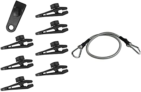 Windhager Planenclip, Halterung Spanner Befestigungsclip für Plane Zelt Gewebeplane Set 8 teilig, schwarz, 07010, 0,83 x 26 x 28 cm & Expanderseil mit Karabiner, 4 Stück, 70 cm, schwarz, 70x3,5x3,5cm