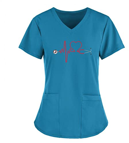 Damen Pflege Schlupfhemd Uniform Schlupfkasack Kasack mit 2 Taschen V-Ausschnitt T Shirts Tops Kurzarm Krankenpfleger Berufsbekleidung mit Motiv