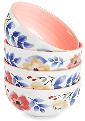 fanquare Juego de 4 Tazones de Sopa de Flores Rosas de Porcelana, Cuencos de Ramen Japoneses, Tazón de Postre Pequeño y Lindo para Cocina, Mesa de Comedor