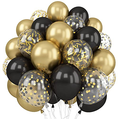 Balloons Black Gold, 60 Packs 12 Inch Metallic Chrome Gold Black Latex Balloons with Gold Confetti Balloon for Birthday Wedding Anniversary New Year NYE Graduate Father's Day Decorations