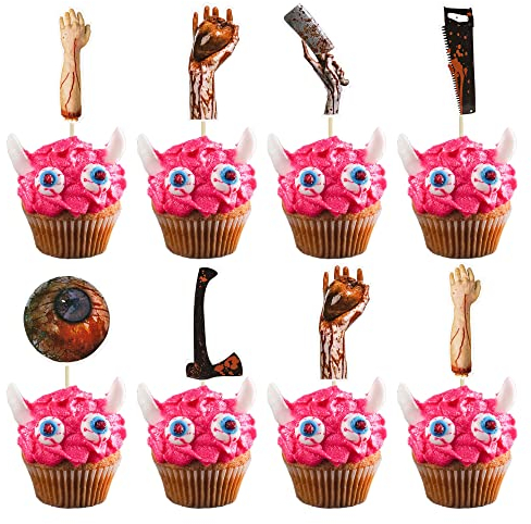 Gyufise 36Pcs Horror Halloween Cupcake Toppers Bloody Eyes Hand Vampire Zombie Party Knife Cake Topper Decorations for Halloween Horror Movie Theme Birthday Baby Shower Supplies