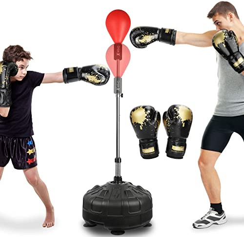 Dripex Punching Ball sur Pied avec Gants Enfant Sac de Frappe Boxe avec Base à 6 Ventouses Hauteur Réglable 135-155 cm - Rouge