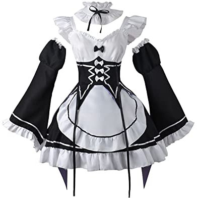 Jiumaocleu Rem and Ram Cosplay Costume, Full Set of Maid Outfit Short Skirt Uniform Suits with Accessories, Party Carnival Fashion Dress Up for Girls