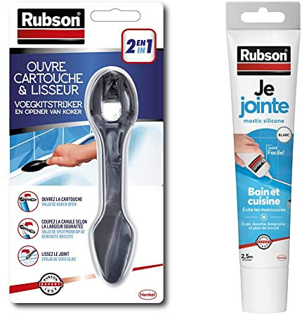 RUBSON Ouvre cartouche et lisseur - pour tout type de mastic & Je Jointe Mastic Blanc 50 ml, mastic étanche anti-moisissure en tube prêt à l'emploi, mastic silicone durable pour joints sanitaires