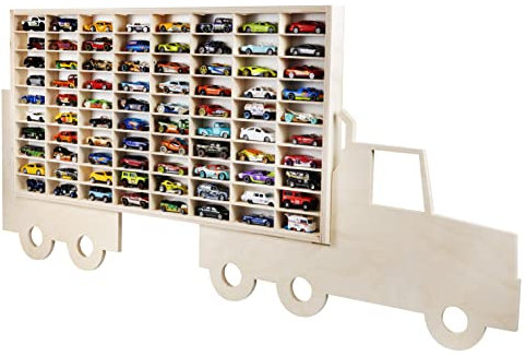 DECOCRAFT Display Cabinet Compatible with Hot Wheels Lorry Design – Toy Storage Shelves with 80 Slots – Heavy Duty Wooden Cube Storage Box – Modern Design
