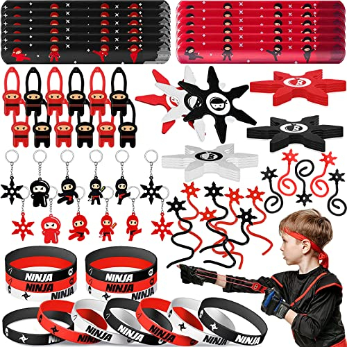 72 pièces Ninja cadeaux de fête à thème, Ninja Fête Goodies Fillers, Ninja Porte Clés Silicone Bracelet Jouet de Fronde de Doigt Extensible Elasticité Viscosité, Fournitures Cadeau pour samourai…