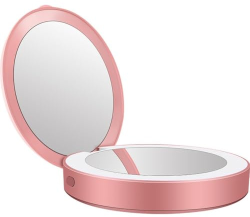 Mini Makeup Mirror Portable Mirror Folding LED Light Illuminating Power Bank Makeup Mirror (Color : Pink)