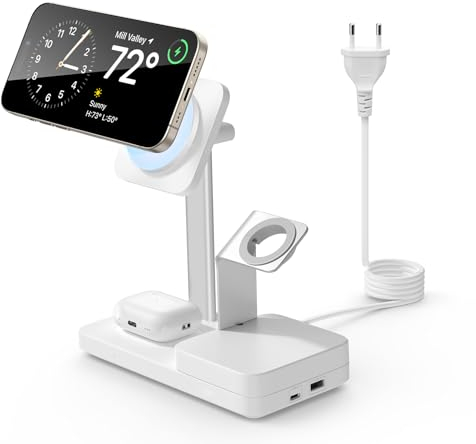 ESR 65W 5 in 1 GaN Ladestation, kompatibel mit MagSafe Ladeständer, magnetisches kabelloses Ladegerät für iPhone 16/15/14/13/12-Serie, Apple Watch, AirPods 4/3/2/Pro und USB A/C Geräte, Weiß