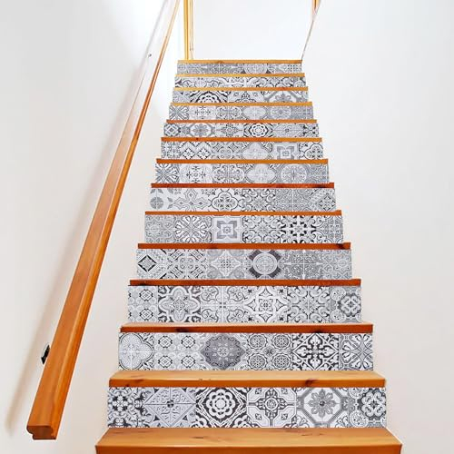 Holdfiturn 13PCS 18x100CM Stair Stickers Moroccan Mosaic Wall Tile Stickers Peel and Stick Backsplash Self-Adhesive Vinyl Home Decoration DIY Splashbacks for Kitchen Tile Paint Stick on Tiles