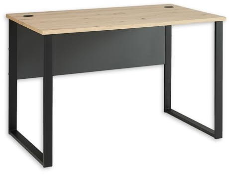 Stella Trading Schreibtisch in Artisan Eiche Optik, Graphit - Moderner Bürotisch Computertisch mit Metallgestell & Kabeldurchführungen - 120 x 77 x 73 cm (B/H/T)