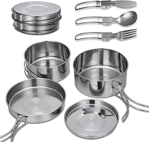 7Pcs Stainless Steel Camping Cookware Set, Camping Pots And Pans 900ml 600ml Cooking Pots 14.8cm Frying Pan 13cm Plate with 3Pcs Cutlery Set for Camping, Picnic Includes Carry Bag