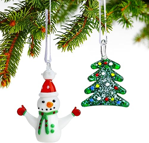 2pcs Mini Weihnachtsbaum & Schneemann Ornamente für Weihnachtsbaum Hängende Dekorationen Geblasenes Glas Weihnachtsfiguren Weihnachten Urlaub Dekoration