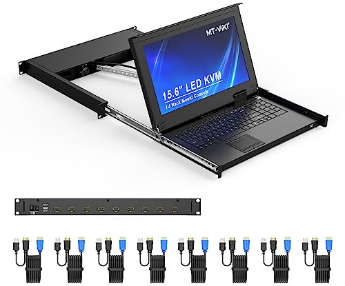 15.6 LCD KVM Console 8 Port HDMI, MT-VIKI 8x1 KVM Switch Drawer Rackmount For 1U 19 Rack + 8-pack KVM Cables + UK Power Supply