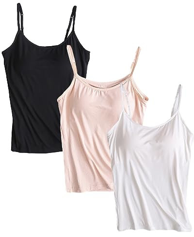 Jamron Donna 3 Pezzi Basic Canotta con Reggiseno Incorporato Canottiere Imbottita Regolabile con Spalla Stretta Nero + Bianco + Nudo XXL