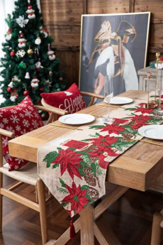 Heichkell Weihnachten Tischläufer Garngefärbter Jacquard Abwaschbar Tischläufer Weihnachts Tischdeko Rot Küche Tisch Dekoration Weihnachtsblumen #2 35 x 140 cm