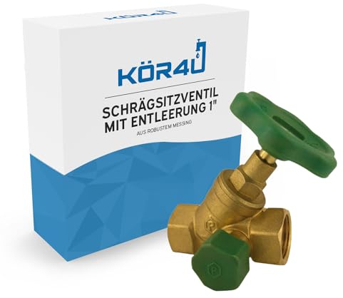 kör4u Schrägsitzventil 1 Zoll, Messing, steigende Spindel, beidseitigem Innengewinde, Trinkwasser geeignet (1 mit Entleerung)