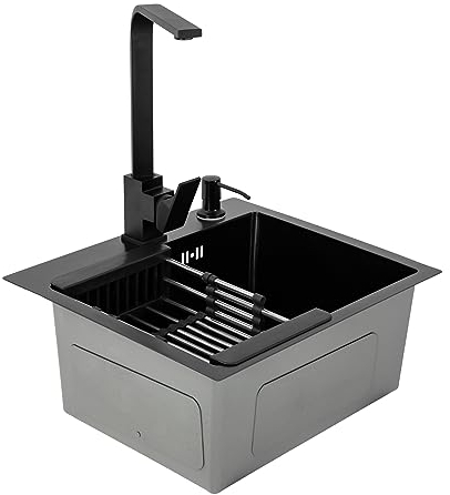 Bollomgy Fregadero de Cocina, Fregadero con Grifo Cocina 40 x 45 cm, Fregadero Cocina 1 Seno, Fregadero Acero Inoxidable Cuadrado, Fregadero Sobre Enrasado Negro Mate