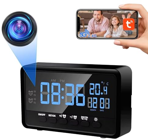 Nisanuki Cámara Espía WiFi 5G/2,4G, Mini Cámara Oculta Despertador Inalambricas, 120° Camara Vigilancia Camuflada Reloj con Visión Nocturna y Detección de Movimiento Tuya App
