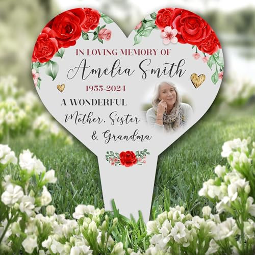 Heart Any Relation Red Roses Grey Photo Remembrance Grave Plaque Memorial Stake |Personalised In Loving Memory Remembrance Memorial Plaque Grave Decoration Marker Garden Ground Stake