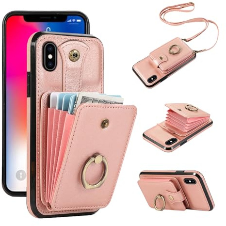 Asuwish Handyhülle für iPhone XS Max Hülle mit Band Handykette,Ring Ständer Kartenfach Geldbörse Leder Cover Klapphülle i X 10 10s Plus 10xs XSMax Handy Hüllen Schutzhülle Damen Phone Case Roségold