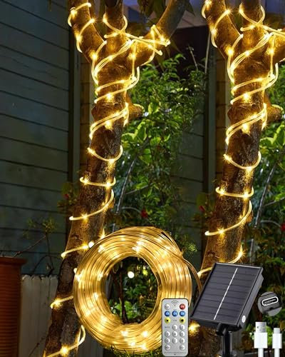 Litark Solar Rope Lights Outdoor with Remote - 65.6Ft/20m 200 LED SolarTube Light, USB Charging, 8 Modes Waterproof Solar Powered Fairy Lights for Garden Balcony Tree Decor - Warm White