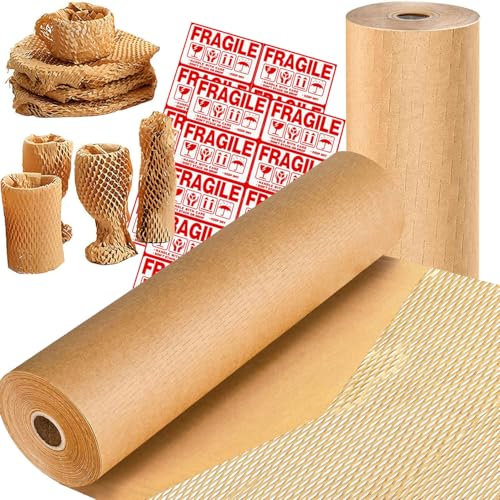 Wabenverpackungspapier, Luftpolsterfolie, Alternative, recycelbares Umzugs- und Versandkissenmaterial für zerbrechliche Gegenstände, mit 12 zerbrechlichen Aufklebern, 38,1 x 40,6 cm