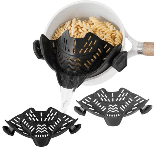 Lot de 2 passoires alimentaires à clipser en silicone pour pâtes, viande, légumes, fruits, passoire pour casseroles, poêles, bols (noir, gris)