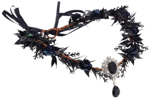 Handcess Waldkrone Schwarz Waldelfe Kopfschmuck Fee Blume Stirnband Blatt Elfen Kranz Gothic Kostüm Haarschmuck für Halloween Cosplay