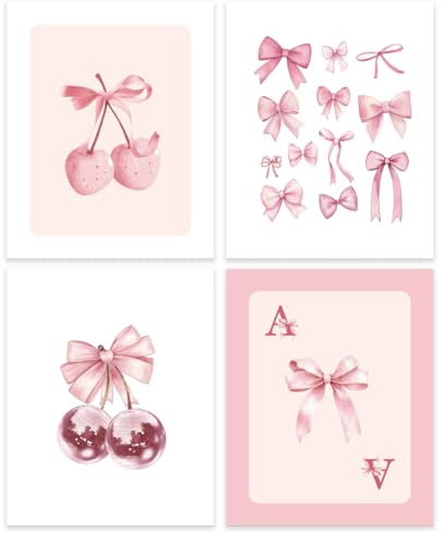 GOMAKERER 4pcs affiches Murales Coquette avec Nœud Rose Décoration de Chambre Murale Esthétique avec Nœud Rose et Cerise Affiches pour Chambre à Coucher Salle de Bain Dortoir 25.5x20.5cm (Sans Cadre)