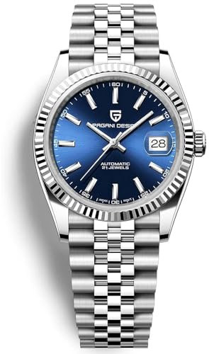 Pagani Design 1645 Herren-Automatikuhren, NH35-Uhrwerk, Edelstahlband, 100 m wasserdicht, selbstaufziehend, Armbanduhr, blau, Armband