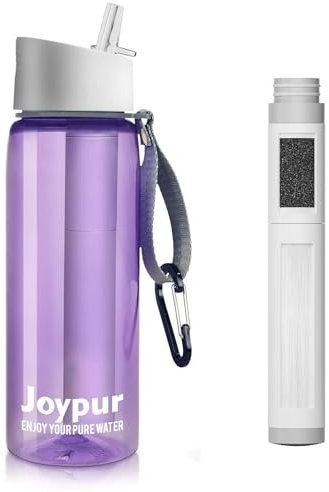 Joypur Gourde filtrante eau non potable Bouteille d'eau extérieure avec filtre 650 ml Filtre à eau de survie avec 5 couches de matériaux filtrants pour le sport Camping Randonnée,Violet