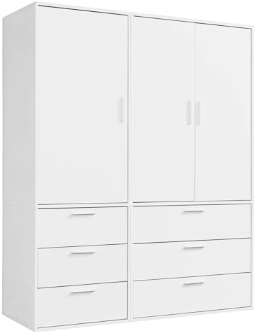 mokebo Kleiderschrank (150x187 cm) aus Holz in Weiß 3-türig & 6 Schubladen 'Der Grenzenlose' Schlafzimmerschrank modular & kombinierbar, Garderobenschrank, Flurschrank, Drehtüenschrank, Schrank