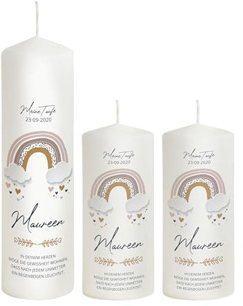 Scheinvoll® Taufkerze Regenbogen in Rosa mit Name, Datum und Spruch - 25 x 8 cm Modell Maureen - Prefekt zur Dekoration (mit 2 Patenkerzen)