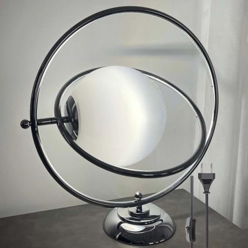 LOGT Runde Mond Tischleuchte mit Kabel Stecker LED Nachttischleuchte Kugel Glas Lampenschirm Tischlampe Mode Design Nacht Lampe G9 Art Deco Wohnzimmerlamp Chrom für Schlafzimmer Kinderzimmer
