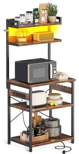 Coleshome Microwave Shelf Stand with Power Outlet & LED Lights, Kitchen Storage Rack with 5 Shelves and 5 Hooks, Baker's Rack with Steel Frame, Industrial Coffee Bar, 35 x 60 x 150 cm, Rustic Brown