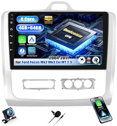 SIXWIN Qualcomm 8 Core 4+64G Android 15 Radio Coche para Ford Focus Exi MT 2 3 Mk2/Mk3 2004-2011 con CarPlay&Android Auto&DSP,9 Pulgadas Pantalla Táctil con WiFi6/GPS/Bluetooth5.1/RDS/FM