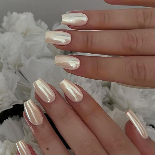 KQueenest Chrome Press on Nails Medium Short Coffin, Glitter False Nails with Glue, Glazed Sparkly Fake Nails Press ons Ballerina, Reusable Soft Gel Stick on Nail for Women Manicure, 24 Pcs, Champagne