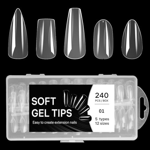 240 Pcs Soft Gel Nail Tips, Ongle Pose Americaine, Nail Art, 12 Tailles Couverture Complète, 5 Types de Nail Art, Capsule Americaine Ongle Court, Capsule Americaine Ongle Amande Long, Capsule Gel