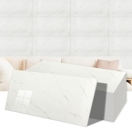 Putentfun 30 Stück Marmor Selbstklebende Fliesen, Klebefliesen Küche, Weiß Fliesenaufkleber bad 30x60cm für Küche Küchenrückwand Esszimmer Badezimmer Fliesenfolie Deko