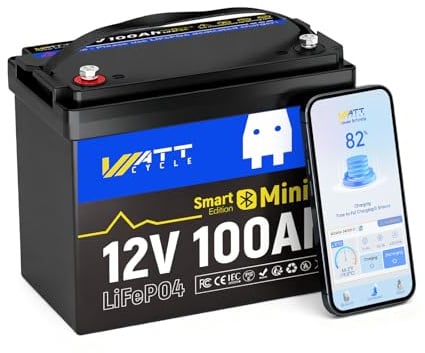 Wattcycle Batterie Lithium 12V 100Ah Mini Bluetooth,12V LiFePO4 1280Wh | Protection Basse température 100A BMS, 15000 Cycles, Compacte & Légère, pour Camping-Car, Solaire, Bateau, Stockage Maison