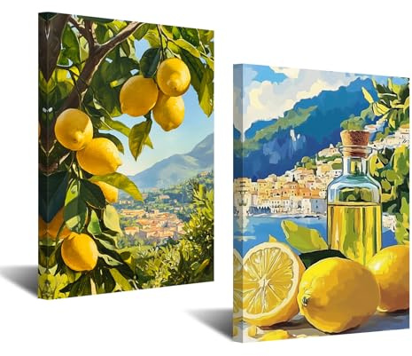 CXHOSTENT Kitchen Lemon Wall Decor 2 Panel Lemon Tree Pictures Wall Art Yellow Citrus Fruit Print Botanical Painting Farmhouse Artwork for Dining Room (Green, 11x14inchx2 Pieces)