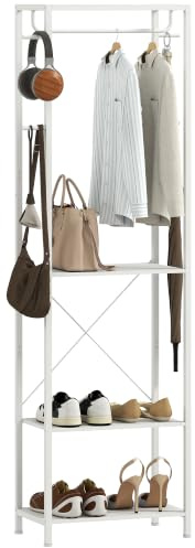 HOMCOM Porte-Manteau avec Tringle de Suspension 52 x 30 x 180 cm Blanc | Portant à Vêtements, Meuble d'Entrée, 4 Crochets, Étagères à Chaussures à 2 Niveaux, Étagère de Rangement Ouverte