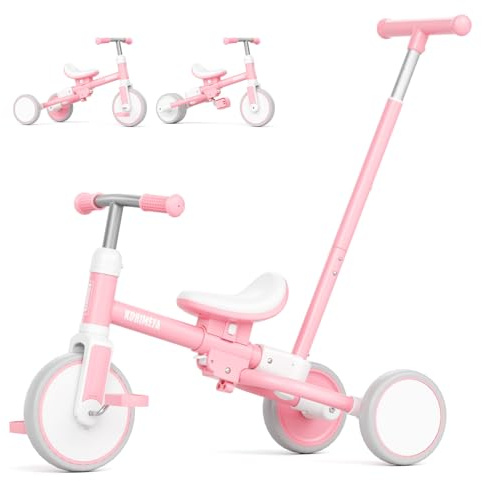 KORIMEFA Triciclo Bambini 1 anno con barra di spinta, triciclo per bambini 5 in 1 da 1 a 3 anni, sedile regolabile, pedali rimovibili, Bicicletta per Bimba e Bimbo (rosa)