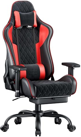 Seenda GCPro-10 Gaming Chair, 145° Reclining Office Chair with Footrest and Full Metal Frame Supporot up to 330 lbs, Adjustable 2D Armrests, 5 Inch Fabric Cushion, Carbon Fiber Design (Black + Red)