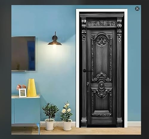 Türtapete Selbstklebend 85 x 200 cm Schwarze Holztür Türaufkleber Retro Türposter PVC Wandaufkleber Wasserdichte 3D Fototapete Türfolie Poster Tapete Türbilder Für Türwand Dekoration G990