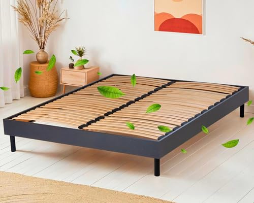 Maison Aubertin Sommier Selena 160x200 cm Noir, à Latte, 2 Personnes, Technologie Bi-Lattes, 4 Zones de Confort, Structure en Bois Massif et MDF Solide, Pieds Inclus, Lit Ergonomique, Montage Facile