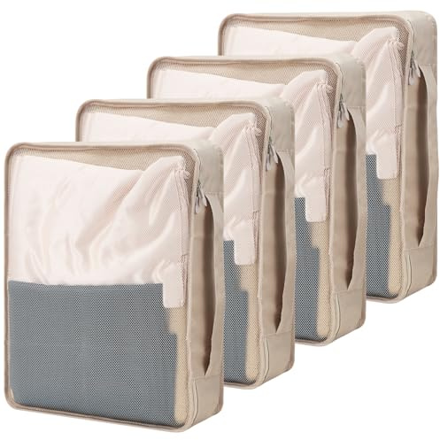 Nagoyuki 4 cubi grandi da imballaggio, 40 x 30 x 12 cm, organizer per valigie, espandibili e comprimibili, per valigie, bagagli, pratico aiutante (beige)