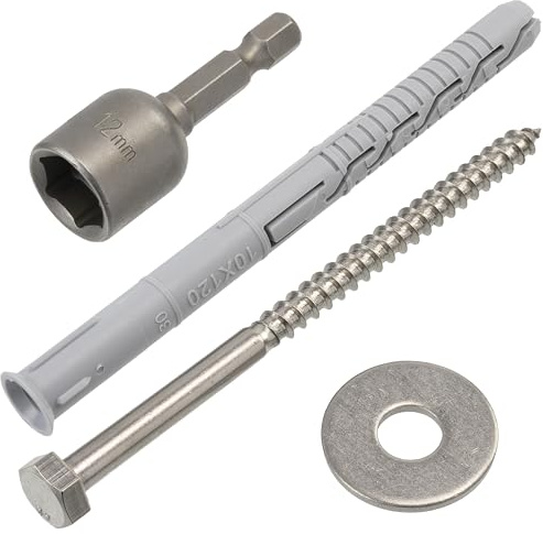 AERZETIX - Kit de 6 tacos con collarín avellanado Ø10x120 mm + 6 tornillos tirafondos Ø7x120 mm de acero inoxidable A2 + 6 arandelas anchas Ø8 A2 + 1 vaso/punta de atornillado 1/4 SW12